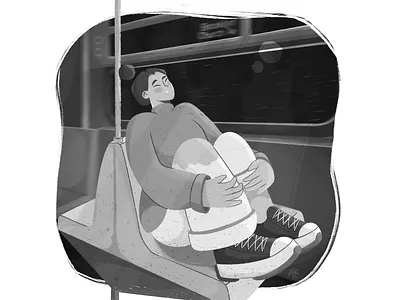 A girl in the NY underground black blackwhite comercial emotion girl happy illustration jeans laughs metro minimal modern smile train transport underground white woman