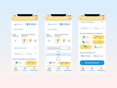 Groomer Pet blue design flatdesign groomer interface iosapp lightshadow mobileapp pet ui userexperience userinterface ux yellow