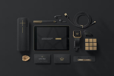 Free Black Branding Mockups black black brand brand brand design brand stationery branding branding stationery corporate flatlay free free download gold golden identity mockup presentation responsive shadows smartwatch stationery