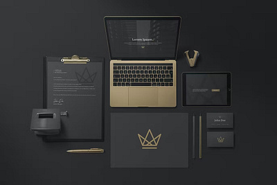 Free Black Branding Mockups black black brand brand brand design brand stationery branding branding stationery corporate flatlay free free download gold golden identity mockup presentation responsive shadows smartwatch stationery