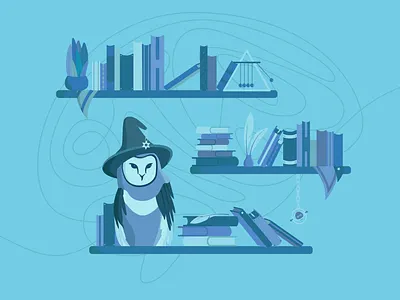 Owl on the bookshelf - monochrome books bookshelf brain harry potter illustration magic monochrome owl wizard