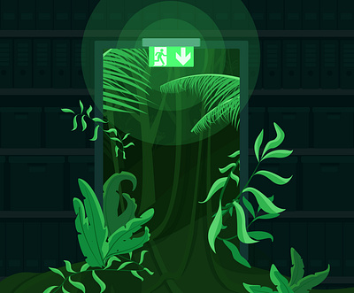 Escape "Exit" - escaping the office realms exit forest graphic design illustration office tropics