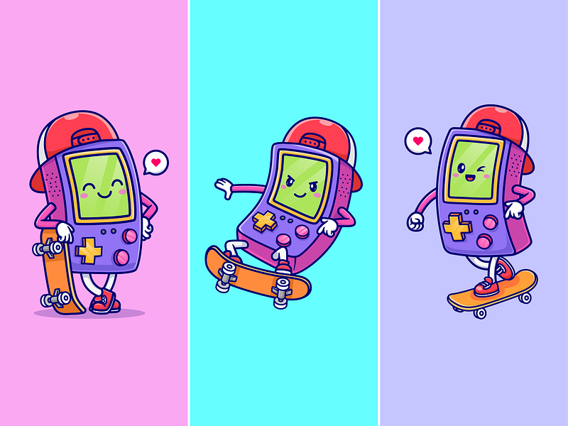 Gameboy character🕹️🎮🛹 boy character console cute esports expression game gameboy gaming hat icon illustration logo nintendo ps5 skateboard style