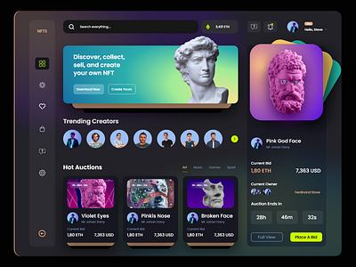 NFTs Dashboard⚡ blockchain cryptoart cryptocurrency darkmode dashboards ethreum exchange futuristic home page landing page market nft nft product nfts token trading ui ui design website design