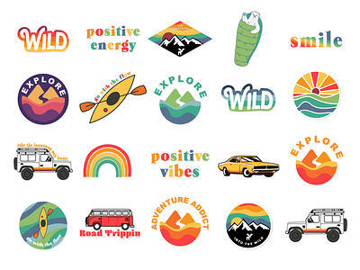 Sticker Collection - Inspired by a retro color palette adventure alaskan classic car exploration explore graphic design illustration into the wild kayak land rover mountains retro retro color palette rover smile sticker design stickers sunset wild