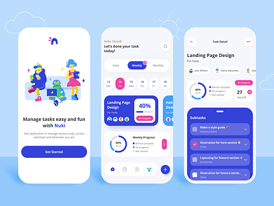 Nuki - Task Management App app blue branding ceerful colorful cute design figma fun illustration management mascot mobile modern task ui ux vector