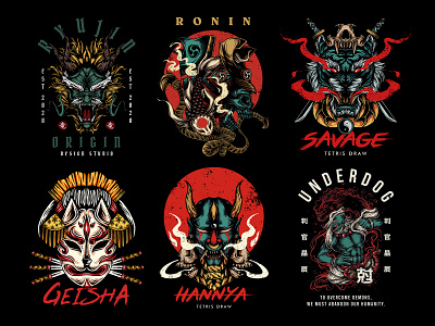 Streetwear Japanese Style Illustrations apparell clothing dragon geisha hannya mask japan japanese japanese illustrations oni mask streetwear tshirt design