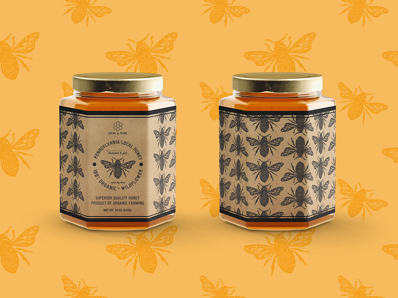 Honey Jar Packaging and Label Design bee brand branding design drawing honey honey jar honeybee illustration art illustrator jar label label label design natural organic packaging packaging design pattern pen and ink product packaging