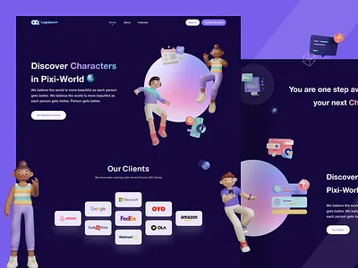 Pixi-World ( 3D Landing page - Freebie ) 3d animation 3d character animation cinema 4d clean daily challenge figma illustration inspiration inspirational kids landing page minimal motion graphics render ui ux web web app website