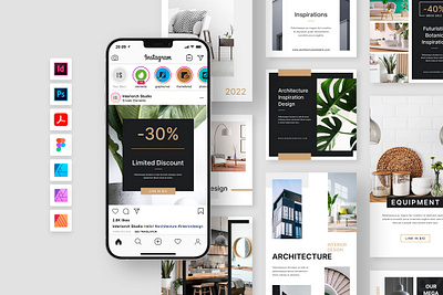 Interiorch – Architecture and Interior Instagram Templates affinity template banner carousel discount full hd screen indesign template instagram instagram ads instagram post instagram story instagram templates photoshop template psd template sale square ads template download ui design ui ux webdesign website