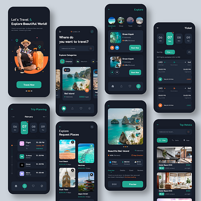 Flight Booking Mobile App (Dark Version) agency airport boarding pass booking design dotpixelagency flight booking hotel illustration minimal motel plane reservation resort schedule ticket tourism travel trip vacation