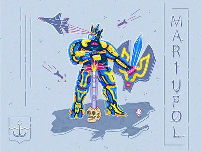 defenders of mariupol. russia started a war in ukraine air azovstal cartoon character design flat illustration mariupol mechanical military robot robotics russia soldier standwithukraine transformer ukraine vector war