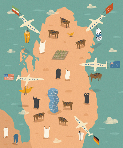 Sanctions in Qatar - Bay Street Bull bay street bay street bull country map design editorial editorial illustration fun illustrated map illustration imports map middle east newspaper people politics qatar sanctions saudi small people usa