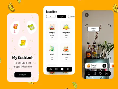 AR Cocktail Recipe App 2022 alcohol app app design ar augmented reality bar cocktail design illustration ios mobile app mobile ui pastel trend ui uidesign