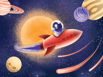 First trip around the sun astronaut illustration moon planet rocket saturn space spaceship sun