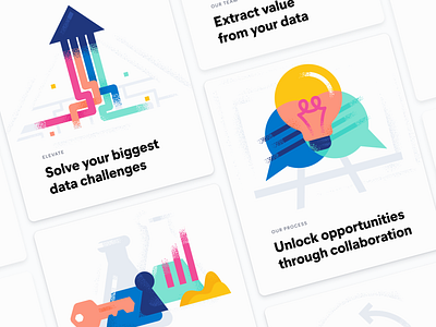 Brand illustrations for our Elevate program branding business outreach collaboration data illustration lightbulb problem solving science lab ui