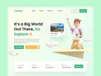 Travier - Travel Landing Page adventure agency booking app destination explore flight app homepage hotel app landing page travel travel agency travel app travel booking travel landing page travelling trip uiux vacation web design website