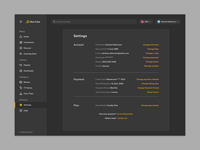 MovTube - Web Application Settings account app application dark mode design movie app payment plan settings ui ux web web application