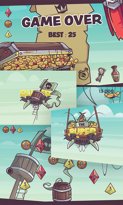 Game design / Super Balls board game coins diamon diamonds erdir oh erdwen game game design gem illustration level level design money ocean pirate pirates poison sea sky treasure