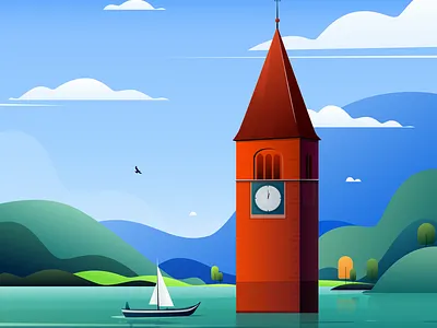 Sunken Civilization art direction bell tower bird blue cloud design digital art digital illustration drawing green illustration landscape mountain natural scenery painting sailboat sightseeing sky tree vector illustration