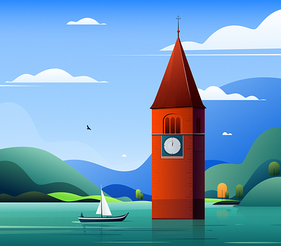 Sunken Civilization art direction bell tower bird blue cloud design digital art digital illustration drawing green illustration landscape mountain natural scenery painting sailboat sightseeing sky tree vector illustration