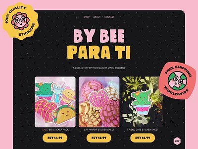 Single-Page Sticker Shop art shop bee cactus cute website dark mode feminine girly local business merch neon online store pink single page small business stickers store storefront taco texas webflow