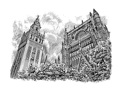 Catedral de Sevilla engrave engraving illustration ink lineart strokes woodcut