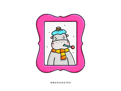 Get well soon 🤒 adobe affinity designer animal drawing character design cute animals get well soon greeting cards hippo hippopotamus ill illustration illustrator procreate scarf sick sticker sweater temperature thermometer vector