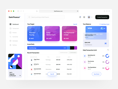 Dark Finance - Financial Dashboard branding crypto cryptocurrrency dashboard design finance finance dashboard financial ui uidesign user experience userinterface