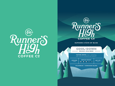 Cold Brew bag brand development brand identity branding coffee coffee company coffee logo coffee packaging cold brew high label design logo monogram mountains northern lights packaging run runner running sky