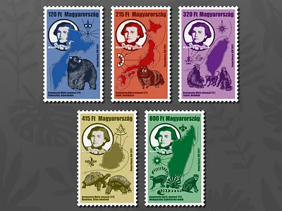 Stamp series featuring the travels of Count Maurice Benyovszky graphic design illustration map postage stamp wildlife