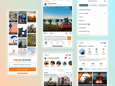 WildCountry App adventures air branding country emojis explore gear get lost gradient illustration land messages minimal profile record trips water wild wildcountry
