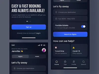 Booking ios app: mobile design (Dark mode) app app design booking app clean dark mode design event app flights hotels ios app minimal mobile mobile app mobile design ticket app travel ui ui design ux ux design