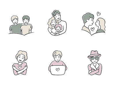 Line art cute illustrations of people. Icons for website and app art black and white cute drawing emotions family friends happy icon icons illustration line drawing lineart love minimal people person set team vector