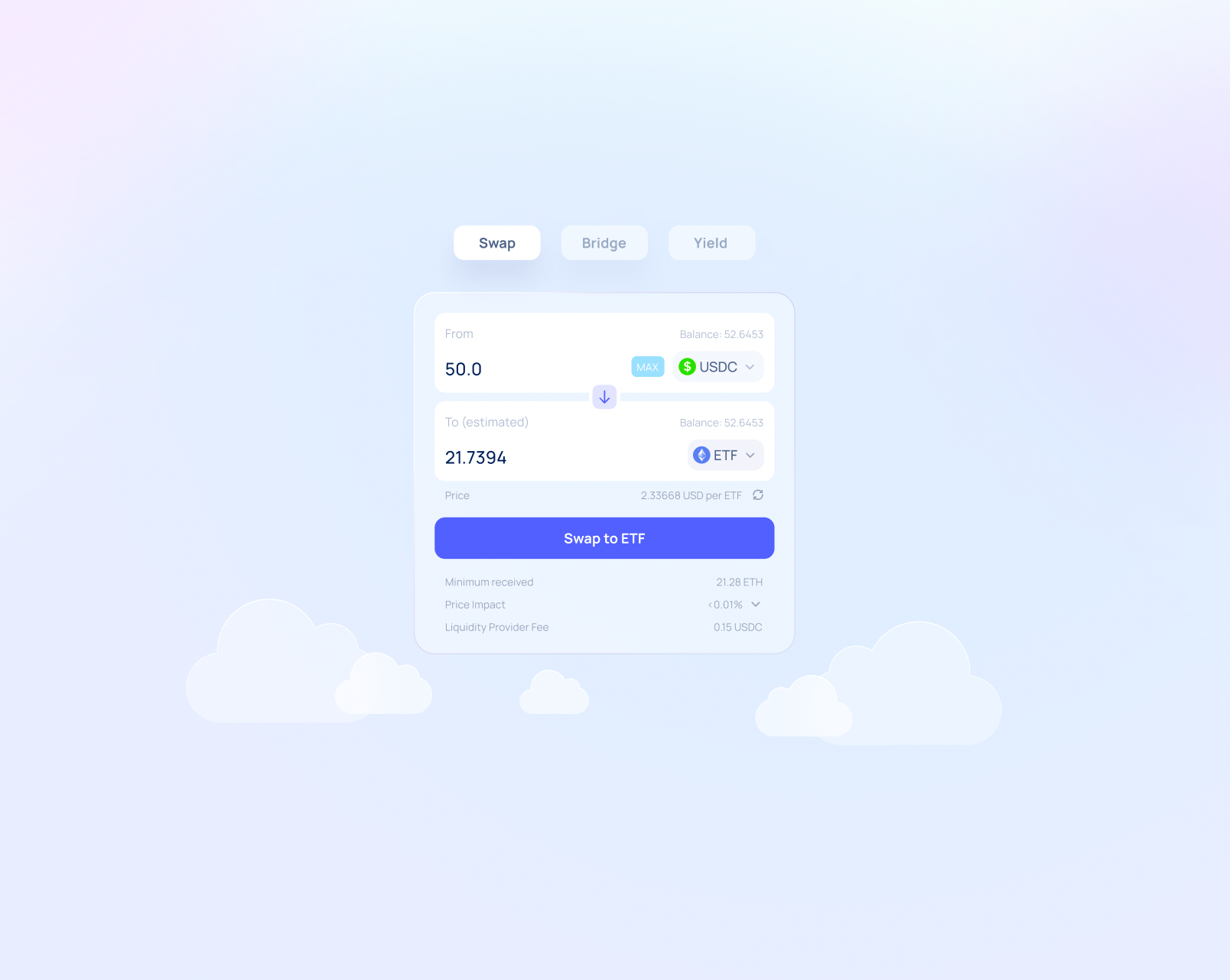 Swap to ETF animation button clean convert design glass graphic design interface modal product swap transfer ui ux web