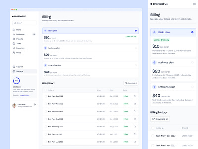 Billing settings page — Untitled UI admin billing dashboard design system figma minimal minimalism payment details plans preferences saas settings table web app