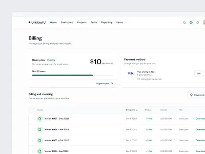 Billing settings — Untitled UI admin billing dashboard figma minimal minimalism plans preferences product design settings settings page table ui design web app