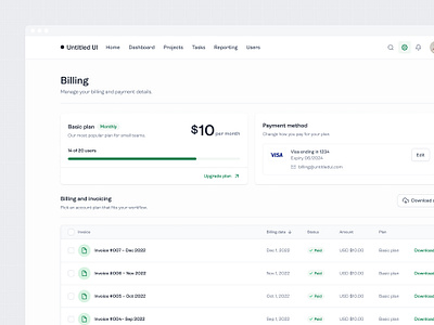 Billing settings — Untitled UI admin billing dashboard figma minimal minimalism plans preferences product design settings settings page table ui design web app