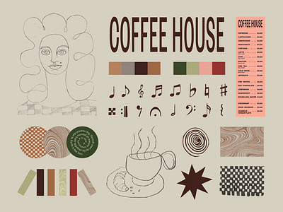 Coffee House - Brand Elements animation bookstore branding cafe checker coffee design drawing event space gif illustration latte logo music venue picasso ui