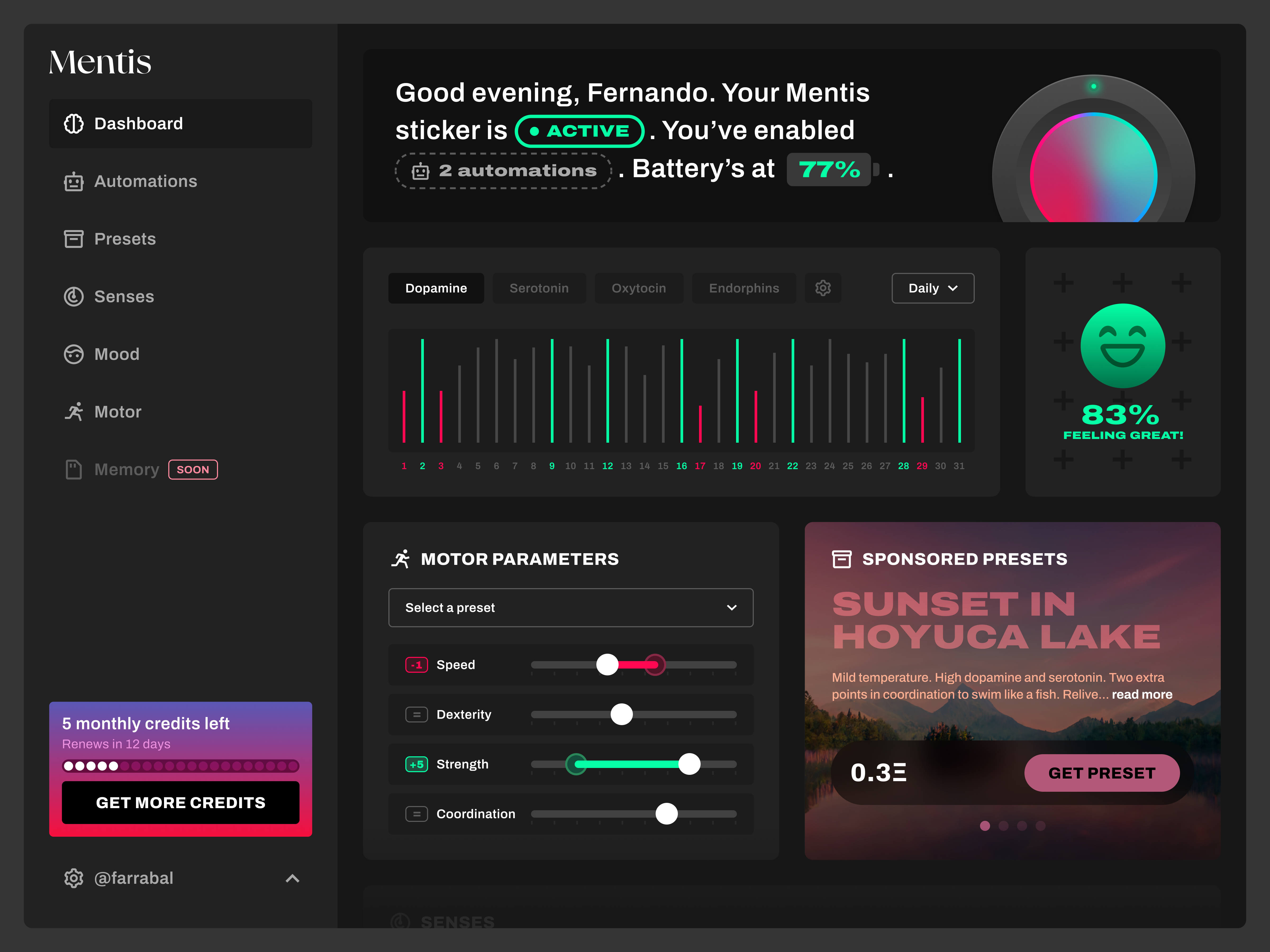 Mentis brain interface dashboard chart dark dark mode dashboard figma grid infography menu neon product design ui ui design