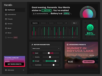 Mentis brain interface dashboard chart dark dark mode dashboard figma grid infography menu neon product design ui ui design