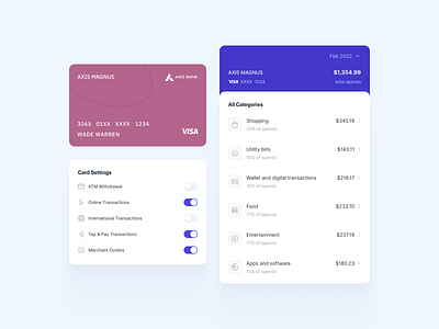 Card Transaction and Settings bills categories component credit card food icons list payment settings spends transactions utility