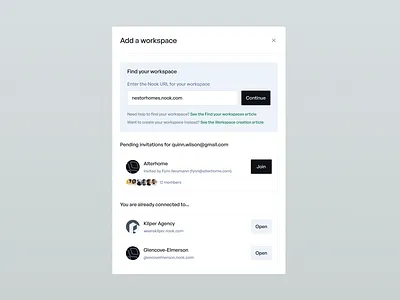 Nook • Workspaces UI elements account collaboration dark ui design system fintech form inputs list login modals money popover popup preferences saas settings signin team teamwork ui components
