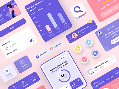 Queezy - Assets Component app badge clean component design education elements games graph ios knowledge learning minimal mobile app modern quiz school trivia ui ux