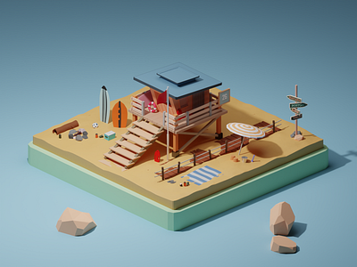 Beach Lifeguard Tower 3dart 3ddesign 3ddesigner 3dmodeling blender blender3d blender3dart cycles design lowpol lowpoly lowpolyart render