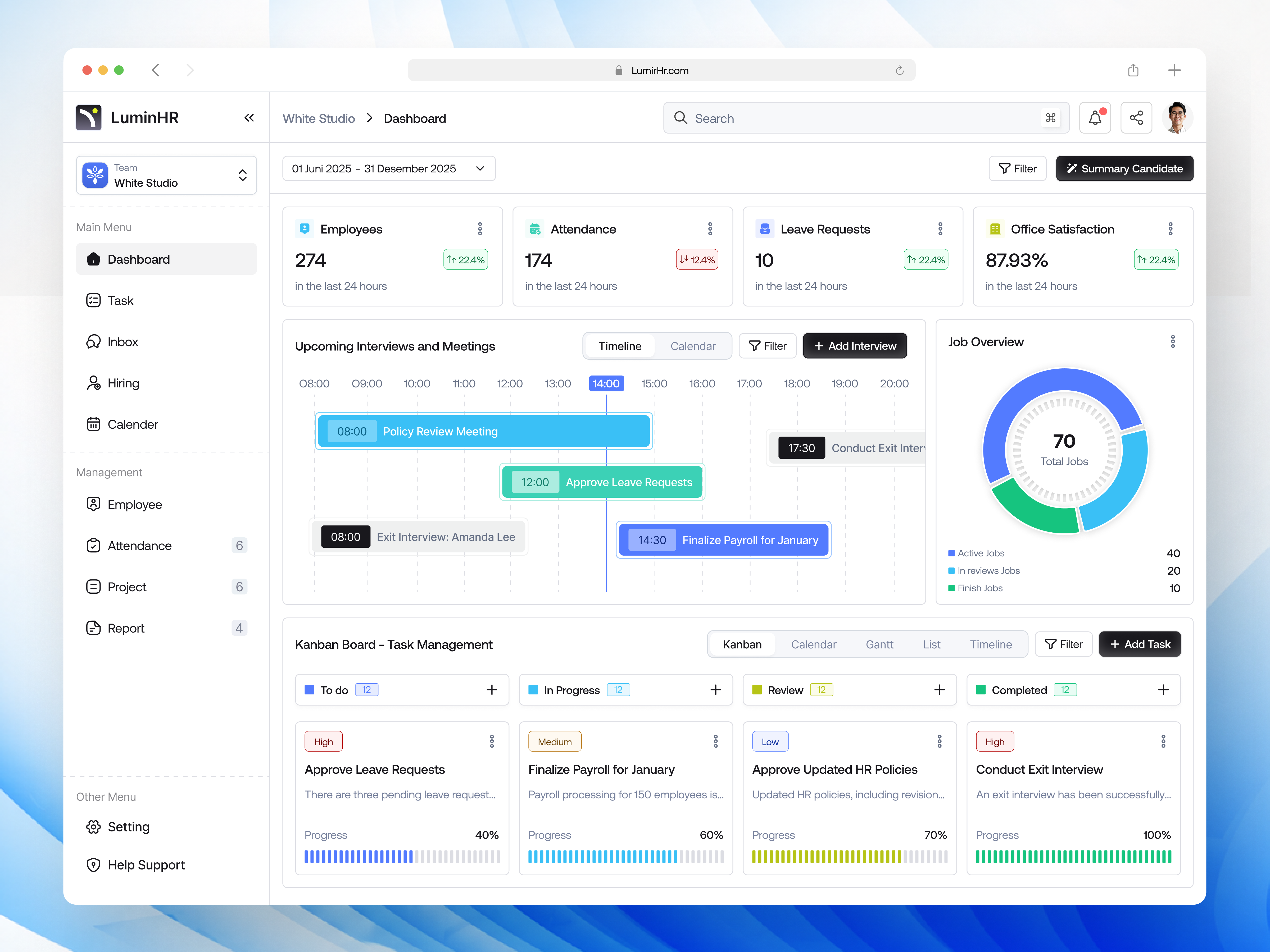 LuminHR - AI Powered HR Management Dashboard admin dashboard attendance card clean dashboard dashboard design data visual design employee employee management hr hr dashboard hr management human resource jobseeker management dashboard ui uiux ux