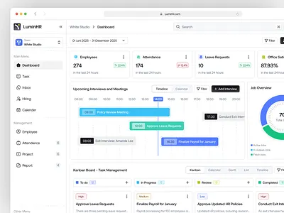 LuminHR - AI Powered HR Management Dashboard admin dashboard attendance card clean dashboard dashboard design data visual design employee employee management hr hr dashboard hr management human resource jobseeker management dashboard ui uiux ux