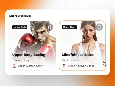 sandow v2: AI Fitness & Nutrition App | Workout Listing Card UI ai fitness app ai fitness coach ai workout app clean coaching app exercise app figma ui kit fitness companion app fitness mobile app fitness ui kit minimal modern orange personalized fitness smart fitness smart workout virtual coach app wellness app workout app workout ui