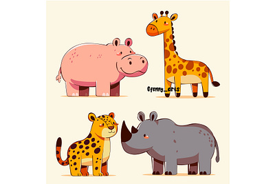 Cute Animal Illustrations for Children's Decor animal background cartoon character collection elements exotic fauna giraffe hippo nature pack rhinoceros safari set tiger tropical wild wildlife zoo