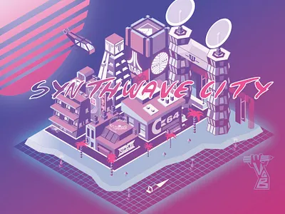 Synthwave City 3d 80s city cityscape gradients graphic design illustration isometric syntwave